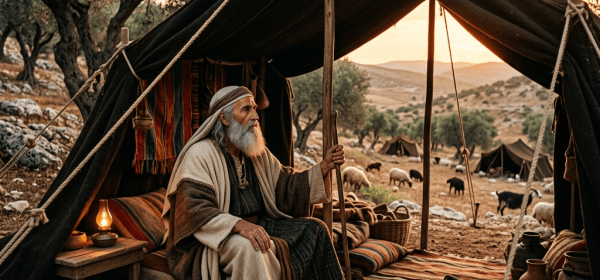 Elderly man in traditional clothing sitting in a tent with sheep grazing outside at sunset