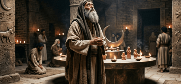 Elderly man praying in ancient temple with followers and lit lamps