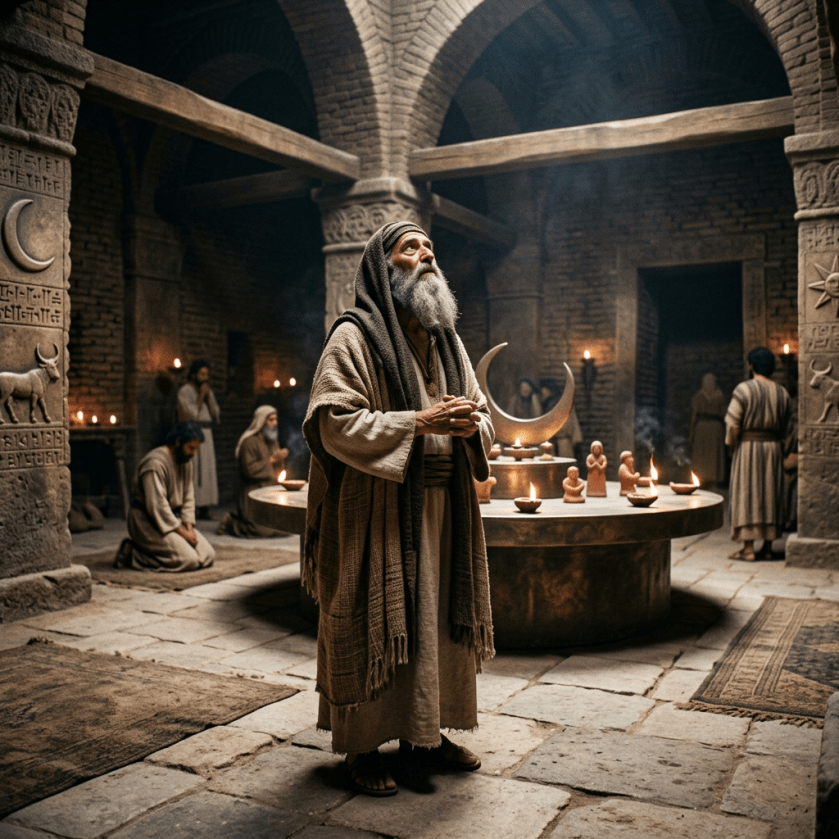 Elderly man praying in ancient temple with followers and lit lamps
