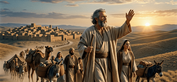 Biblical-era people leading donkeys and camels on a desert path near a walled city at sunset