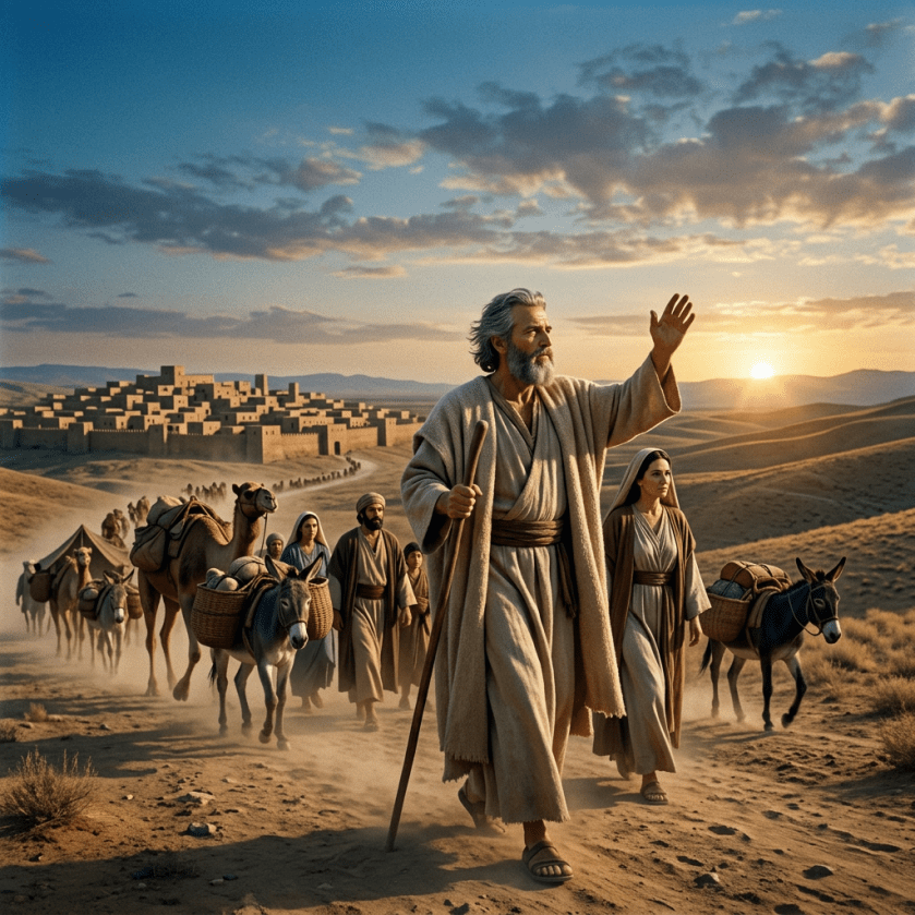 Biblical-era people leading donkeys and camels on a desert path near a walled city at sunset