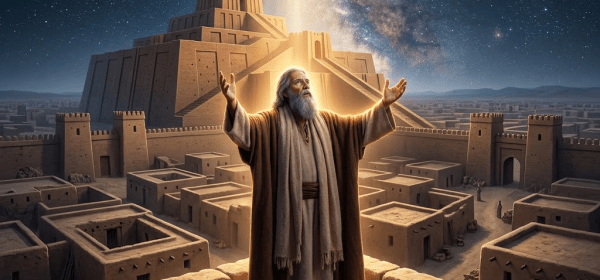 Elderly man in robes with arms raised on ancient stone rooftop beneath a cosmic light beam