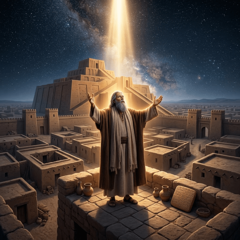 Elderly man in robes with arms raised on ancient stone rooftop beneath a cosmic light beam