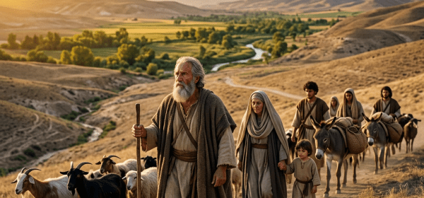 Elderly man with staff leading shepherds and livestock on rural trail