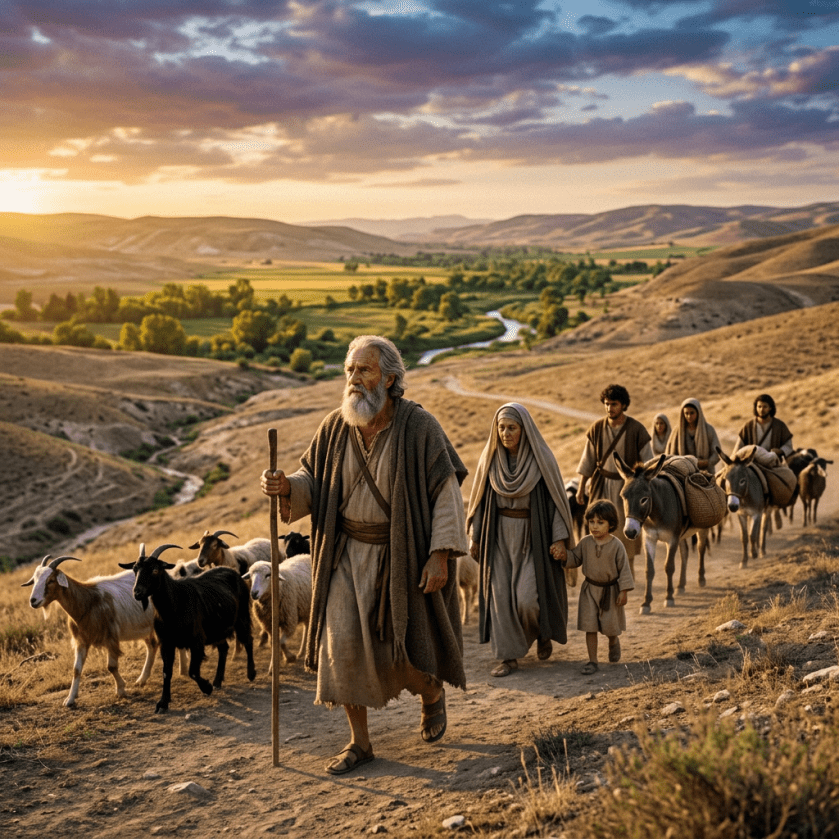 Elderly man with staff leading shepherds and livestock on rural trail