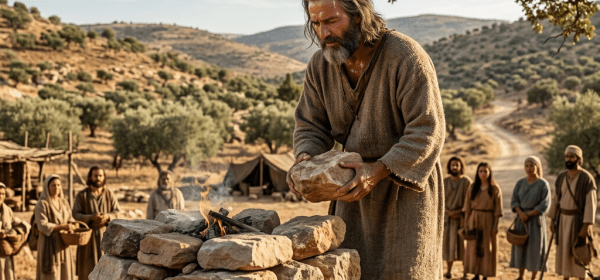 Man placing stone on a fire altar with group observing