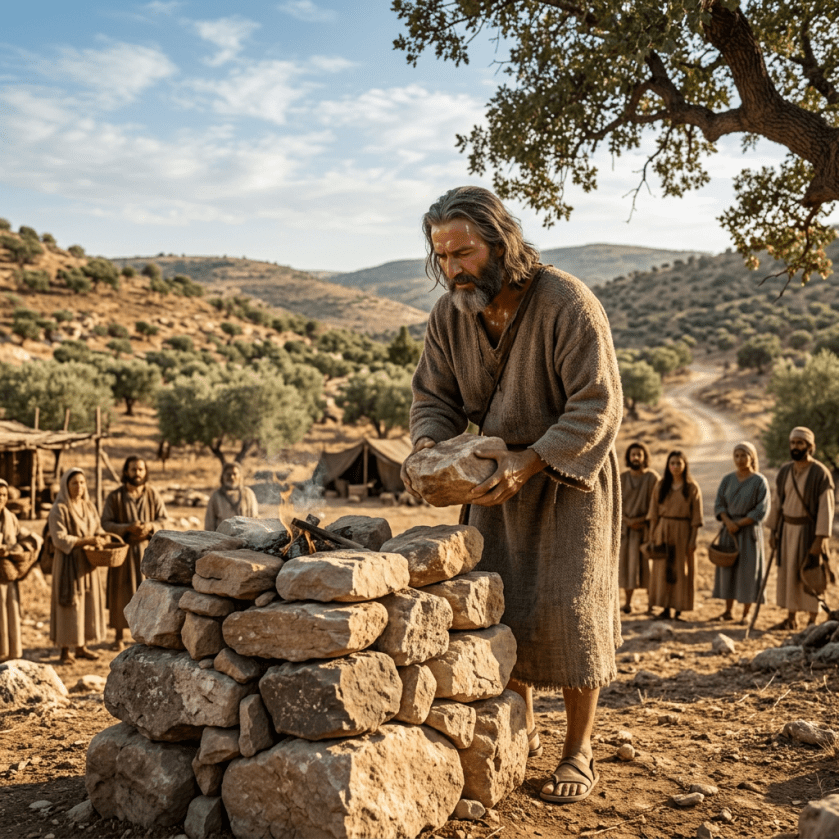 Man placing stone on a fire altar with group observing