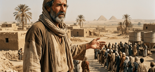 Man directing a queue of people waiting for water in a desert village with pyramids in the background