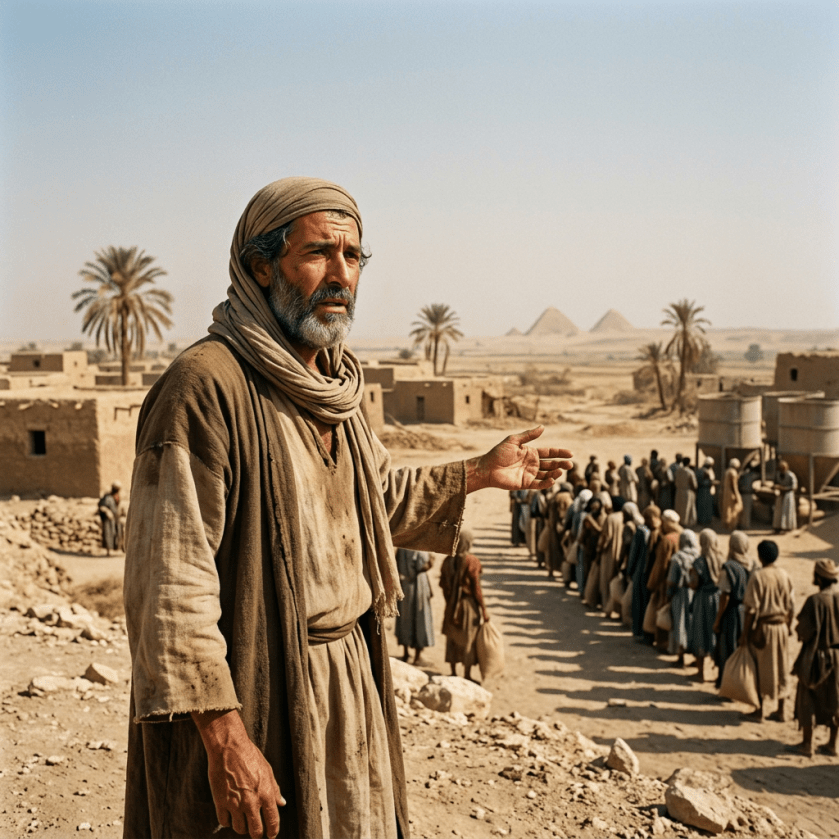 Man directing a queue of people waiting for water in a desert village with pyramids in the background