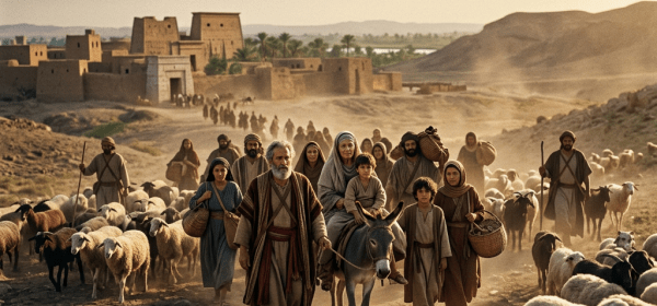 Group of people in ancient clothing walking with sheep, goats, and a donkey near a desert village