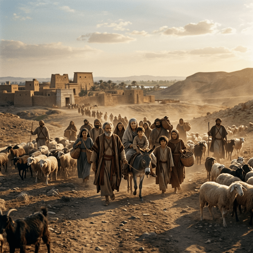 Group of people in ancient clothing walking with sheep, goats, and a donkey near a desert village