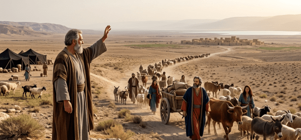 A nomadic group walking with sheep, goats, cattle, and a cart in a desert landscape near tents and distant settlement