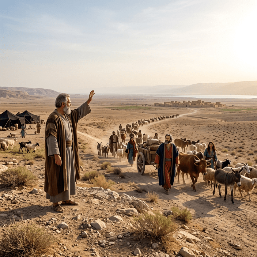 A nomadic group walking with sheep, goats, cattle, and a cart in a desert landscape near tents and distant settlement