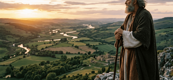 Elderly man with beard and cloak standing on rocky hill overlooking river valley at sunset