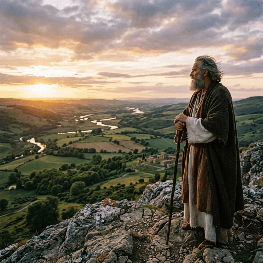 Elderly man with beard and cloak standing on rocky hill overlooking river valley at sunset