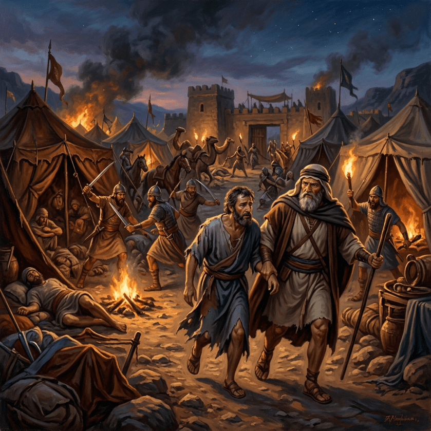 Two men hurriedly walking through an ancient camp under attack with soldiers fighting and fires burning