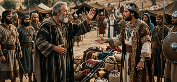 An elder raising his hand while talking to a king wearing a crown in a desert camp surrounded by warriors and tents