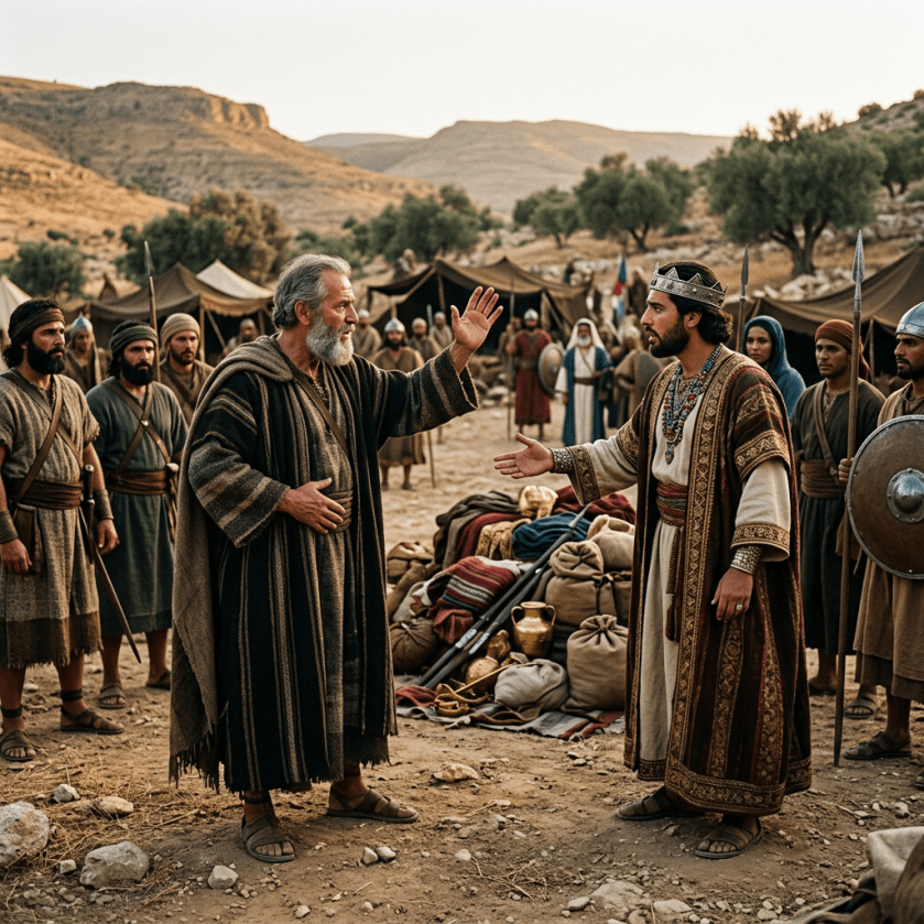 An elder raising his hand while talking to a king wearing a crown in a desert camp surrounded by warriors and tents