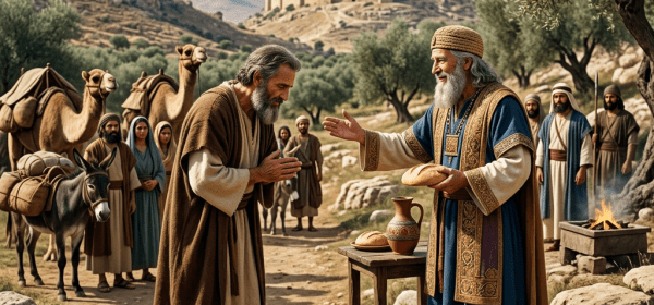 Man bowing to elder who offers bread during desert gathering with camels