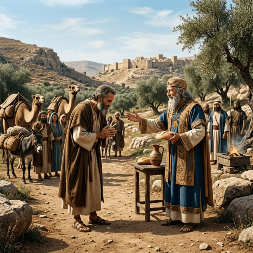 Man bowing to elder who offers bread during desert gathering with camels