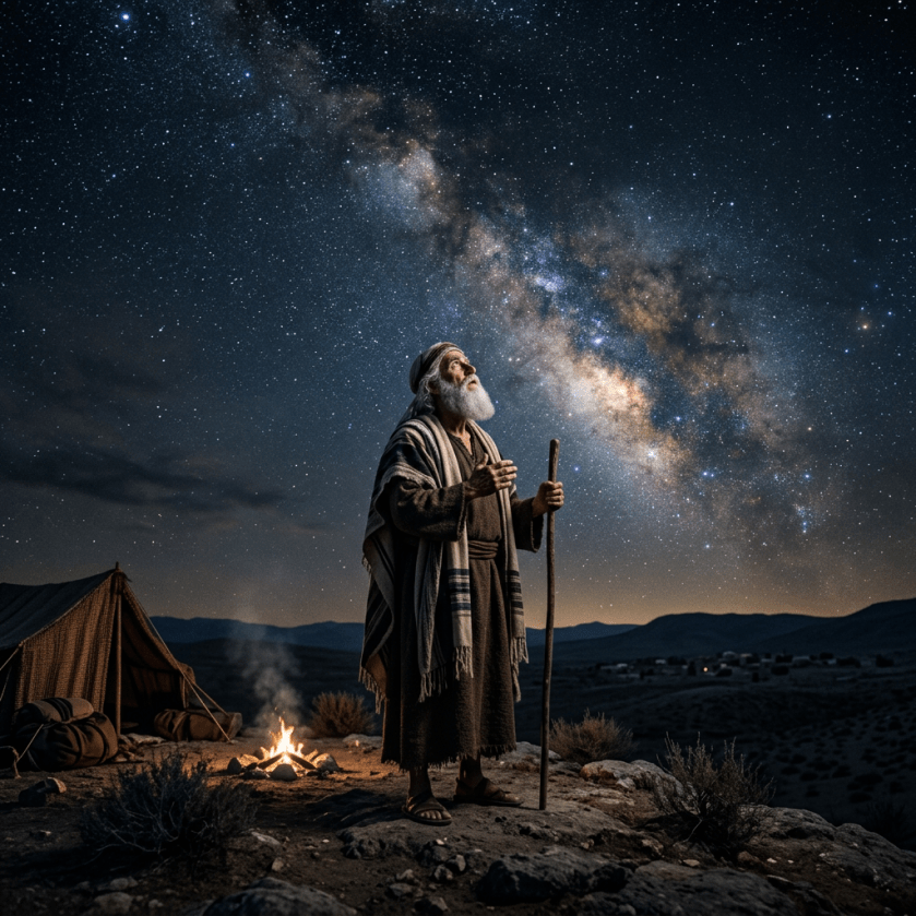 Elderly man in robes holding a staff standing near a campfire under a star-filled Milky Way night sky