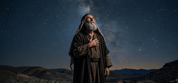 Elderly man in robes looking up at star-filled night sky with Milky Way