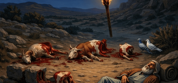 Elderly man holding torch near stone altar with bloody animal sacrifices at night