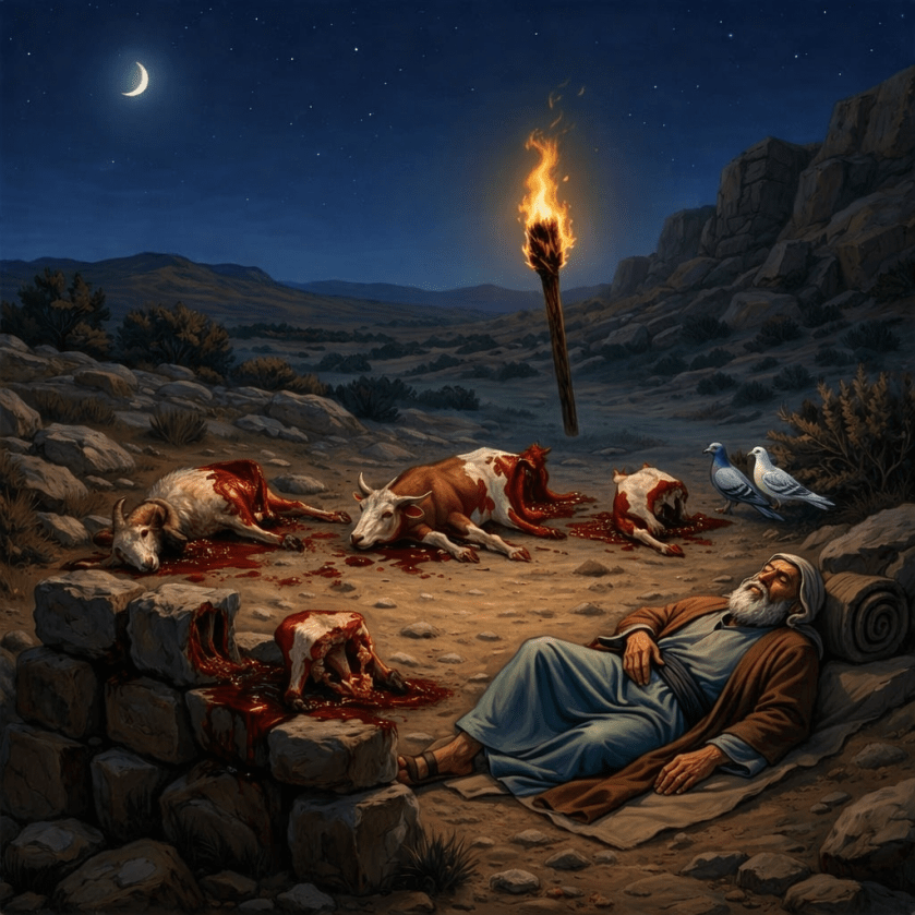 Elderly man holding torch near stone altar with bloody animal sacrifices at night