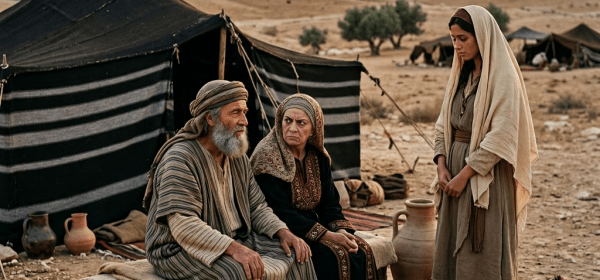 Two seated elders and a standing young woman outside a striped desert tent near a campfire