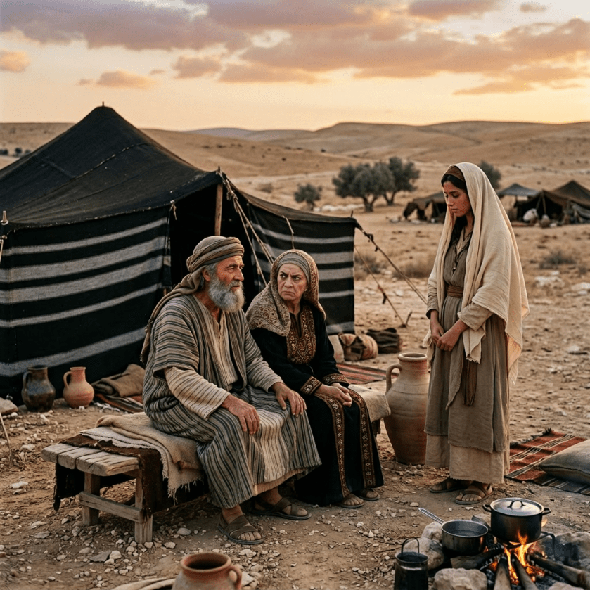 Two seated elders and a standing young woman outside a striped desert tent near a campfire