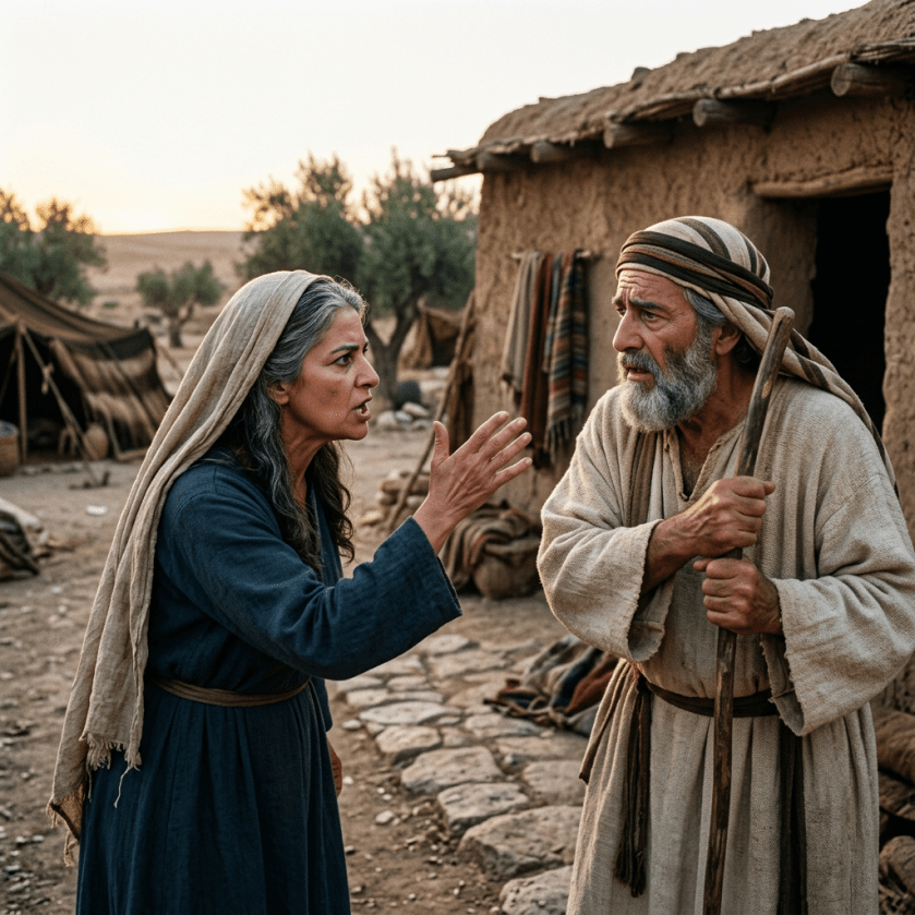 A woman gesturing while speaking to an older man holding a wooden staff in a rustic village setting