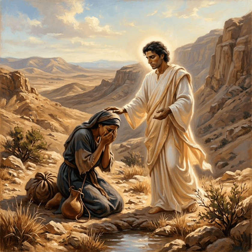 An angel with glowing wings touches the head of a kneeling woman who covers her face, in a rocky desert landscape