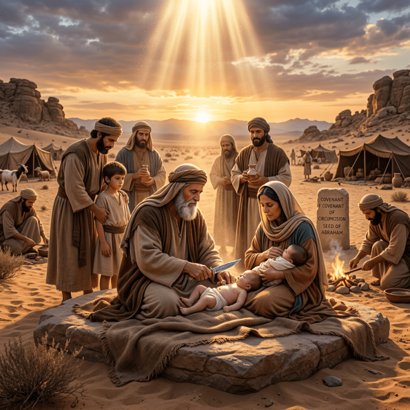 Man kneeling in desert raising hands under light beam from sky