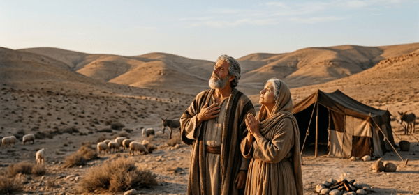 Glowing divine figure appearing to a praying couple in desert near a tent