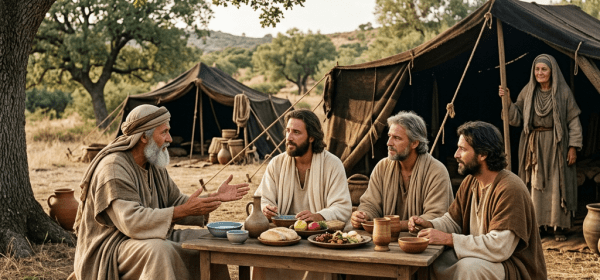 Four men sitting around a table outside tents, eating and talking