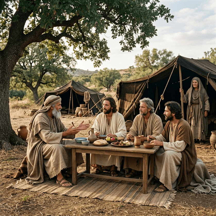 Four men sitting around a table outside tents, eating and talking