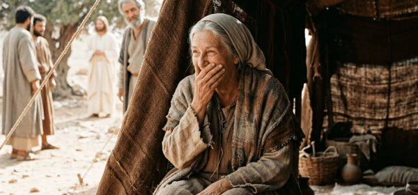 Elderly woman sitting in a tent laughing, with men standing outside under a tree
