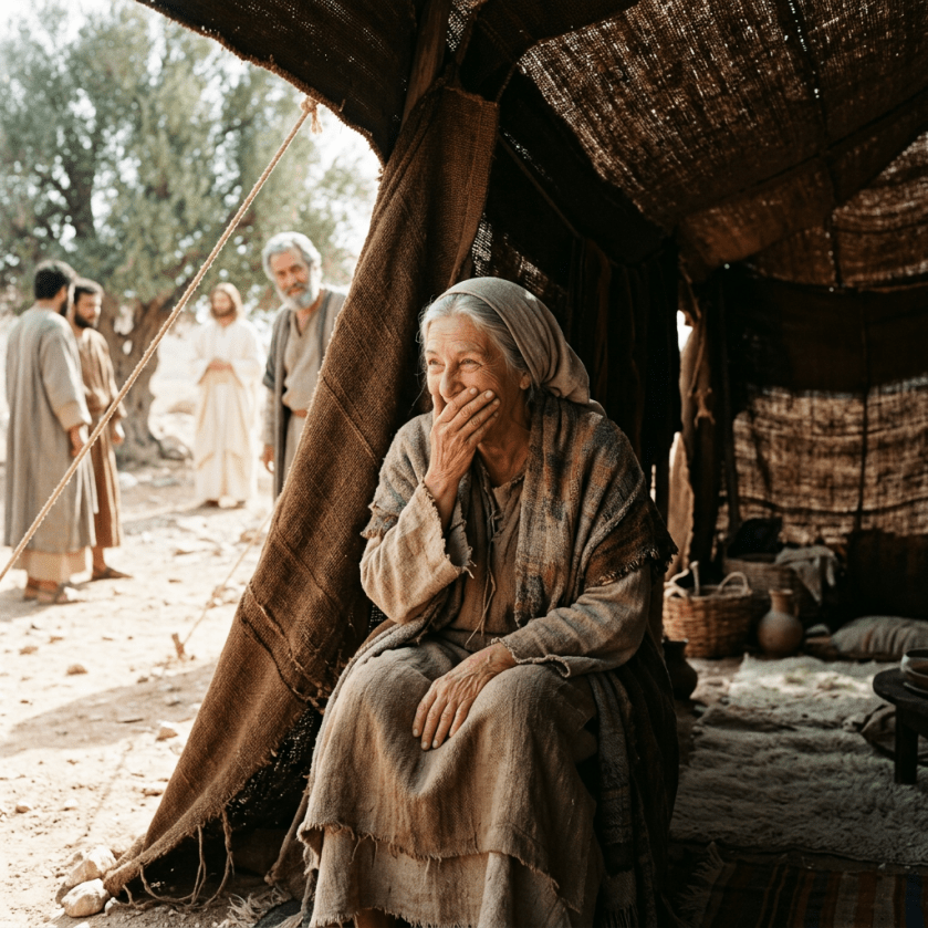 Elderly woman sitting in a tent laughing, with men standing outside under a tree
