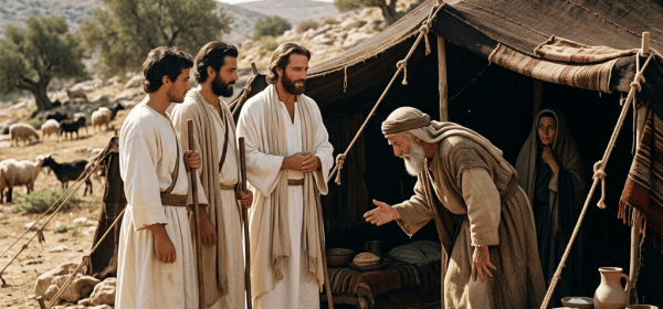 Three men in robes standing with walking sticks talking to an elder bowing outside a tent