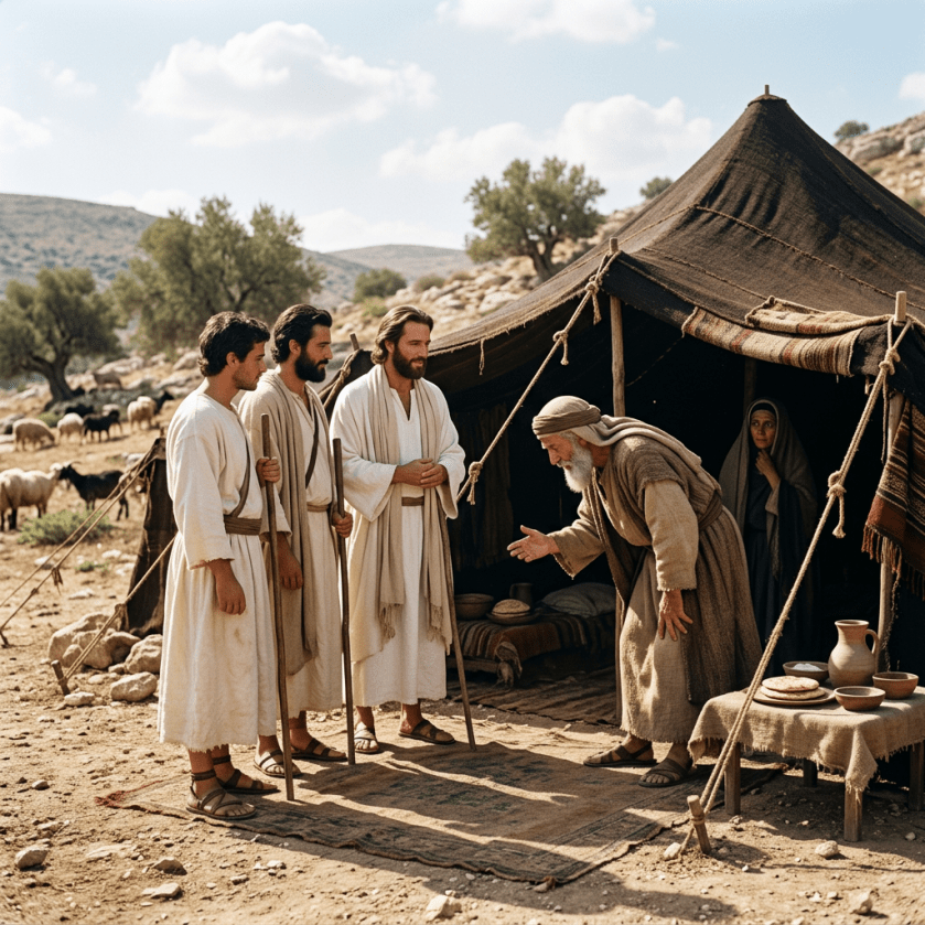 Three men in robes standing with walking sticks talking to an elder bowing outside a tent