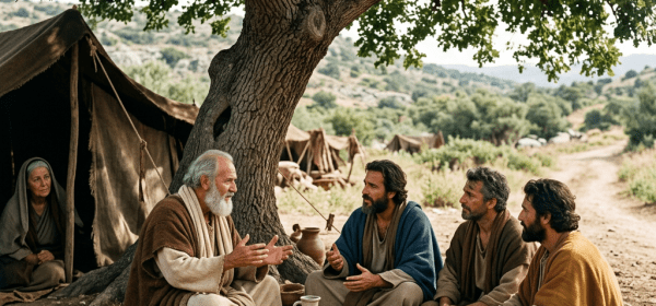 Five people sitting on mats under a large tree with pottery and bread in front