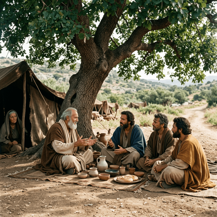 Five people sitting on mats under a large tree with pottery and bread in front