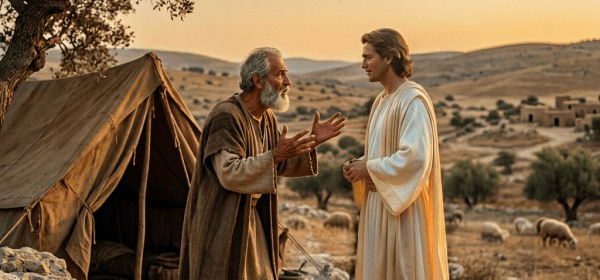 An elderly man in robes talking to an angel with white wings outdoors