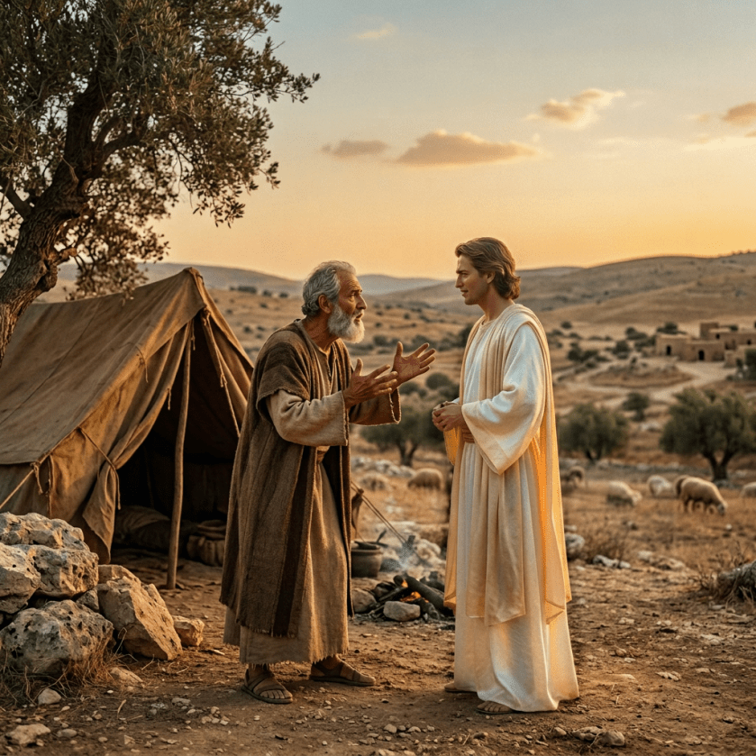 An elderly man in robes talking to an angel with white wings outdoors