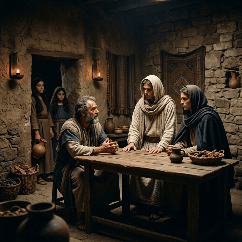 Man seated at wooden table with two angels standing opposite, two women watching from doorway inside stone room