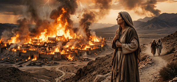 A woman in ancient attire stands on a rocky hill overlooking a burning city with thick smoke and lightning