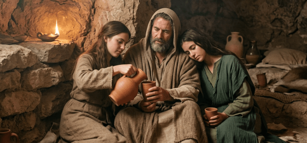 Three people in ancient robes sitting inside a stone cave with an oil lamp, drinking from clay cups