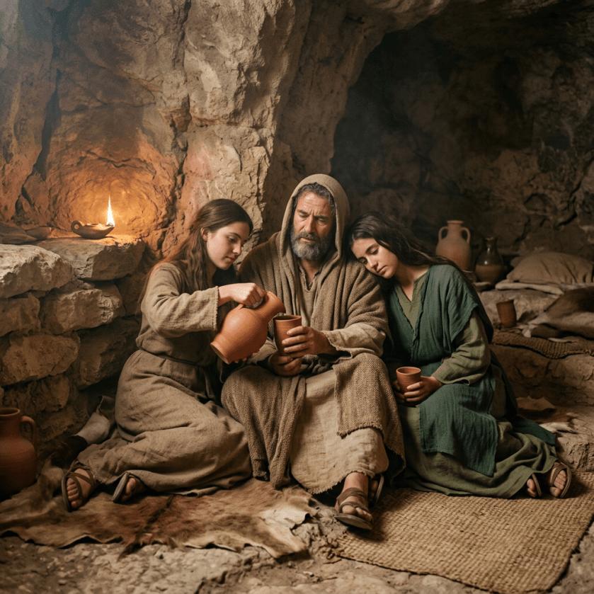 Three people in ancient robes sitting inside a stone cave with an oil lamp, drinking from clay cups