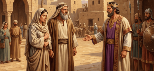 Ruler welcoming a veiled woman and older man in an ancient desert city