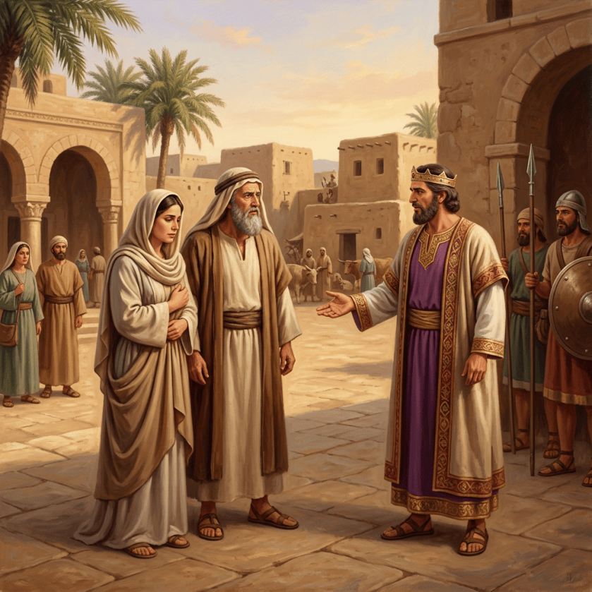 Ruler welcoming a veiled woman and older man in an ancient desert city